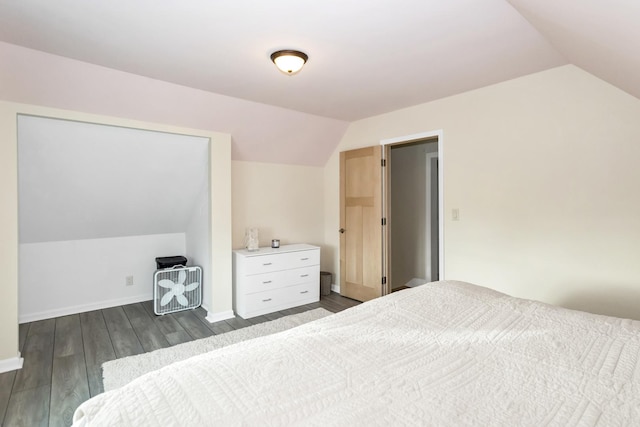 bedroom featuring lofted ceiling and dark wood-type flooring