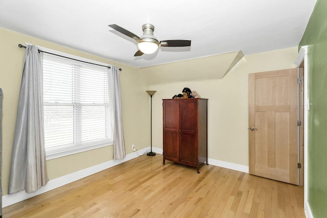 bedroom featuring ceiling fan and light wood-type flooring