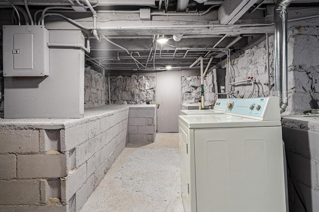 basement with electric panel and washer / dryer