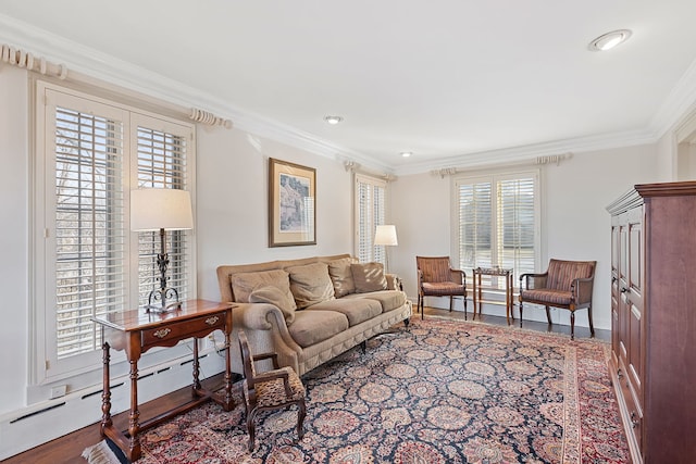 living room featuring hardwood / wood-style floors and crown molding