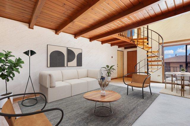 living room featuring wood ceiling and beam ceiling