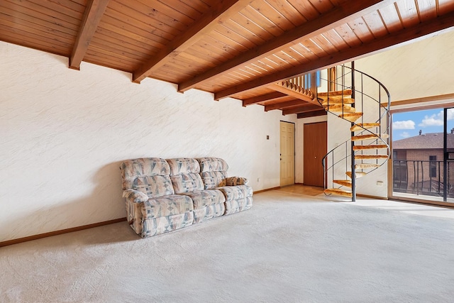 unfurnished room featuring beamed ceiling, carpet flooring, and wooden ceiling