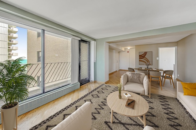 living room with radiator heating unit and light wood-type flooring