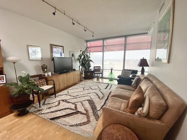 living room with hardwood / wood-style flooring, a wall of windows, and track lighting