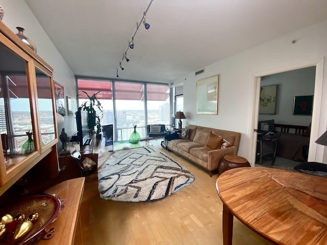 living room with track lighting, a wall of windows, and light hardwood / wood-style flooring