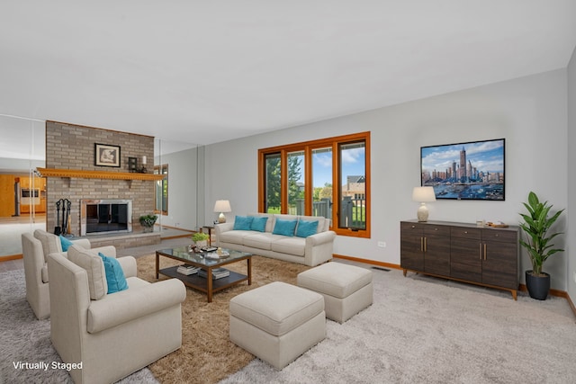 living room with light colored carpet and a brick fireplace