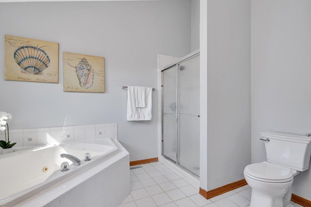 bathroom with tile patterned floors, shower with separate bathtub, and toilet