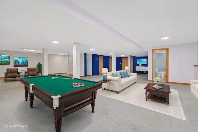 game room featuring billiards and light carpet