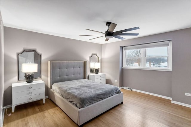 bedroom with ceiling fan and light hardwood / wood-style floors