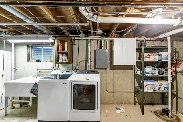 laundry room featuring sink, electric panel, and independent washer and dryer