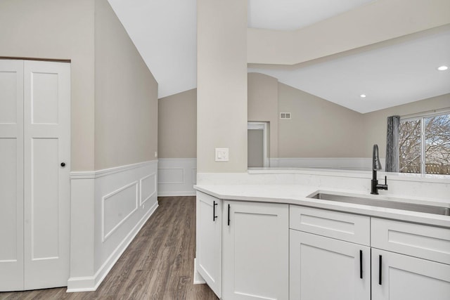 kitchen with vaulted ceiling, dark hardwood / wood-style floors, sink, white cabinets, and light stone countertops