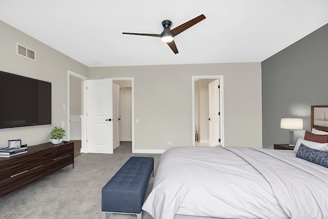 carpeted bedroom featuring ceiling fan