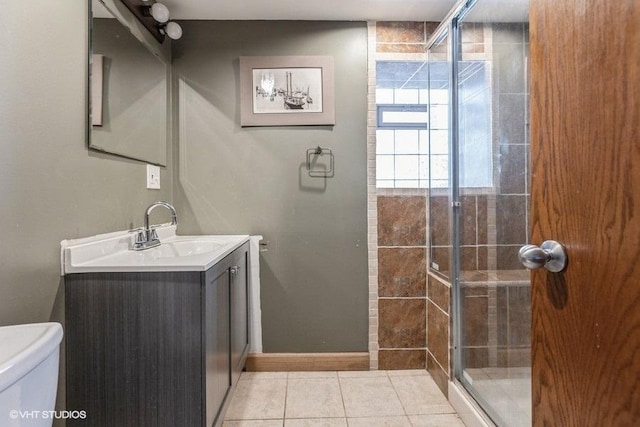 bathroom with vanity, tile patterned flooring, toilet, and walk in shower