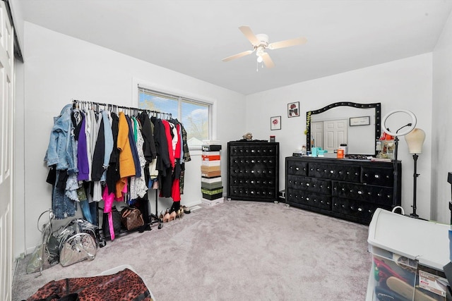 carpeted bedroom featuring ceiling fan