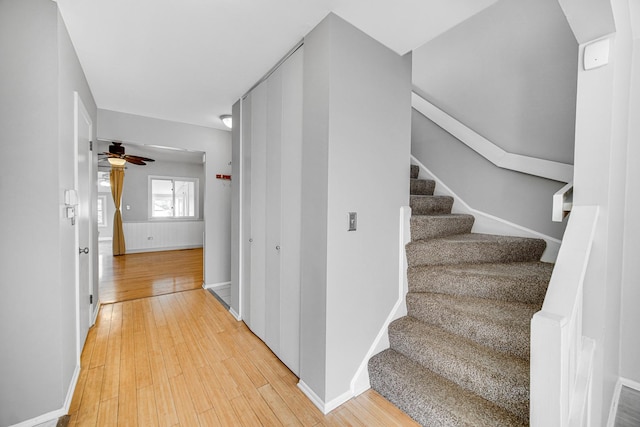 stairway with ceiling fan and wood-type flooring