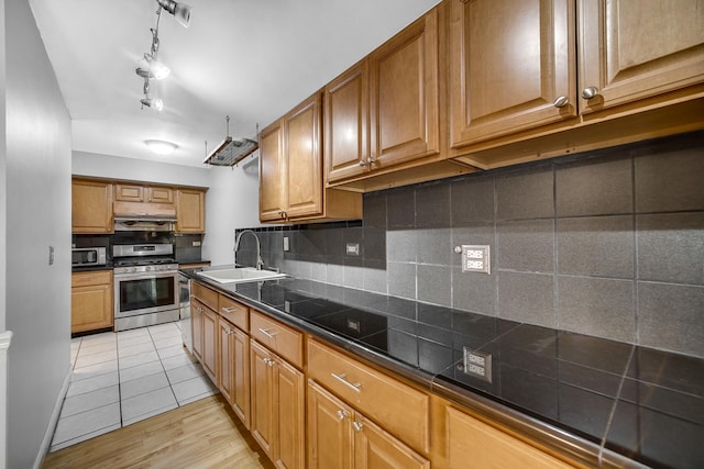 kitchen with appliances with stainless steel finishes, light hardwood / wood-style floors, sink, and decorative backsplash