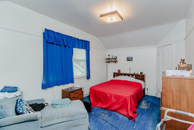 bedroom with lofted ceiling and carpet floors