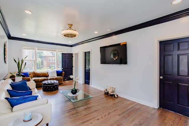 living room featuring crown molding and wood-type flooring