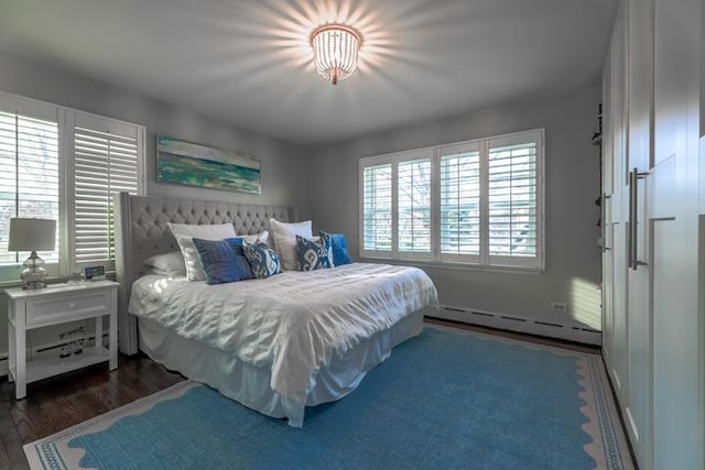 bedroom featuring dark wood-type flooring and baseboard heating