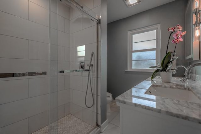 bathroom featuring vanity, a shower with shower door, and toilet