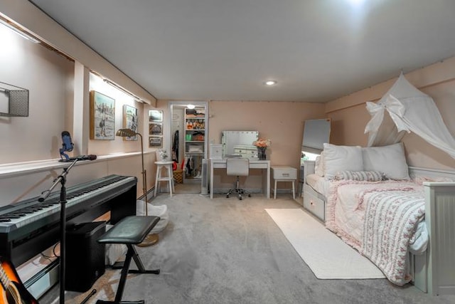 bedroom featuring light colored carpet