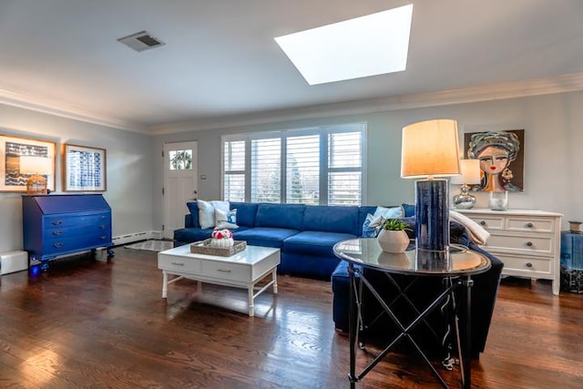 living room with dark hardwood / wood-style flooring, a baseboard heating unit, crown molding, and a skylight