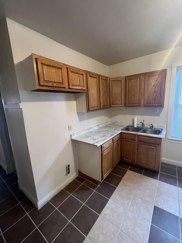 kitchen with sink and dark tile patterned floors