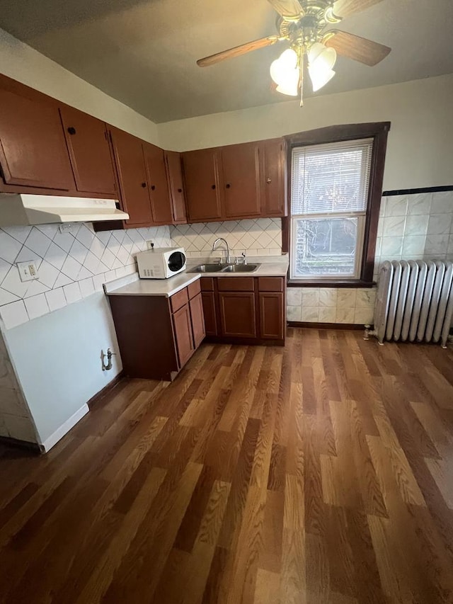 kitchen featuring sink, dark wood-type flooring, radiator heating unit, and backsplash