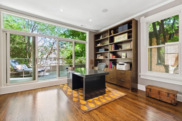 unfurnished office with ornamental molding and dark wood-type flooring