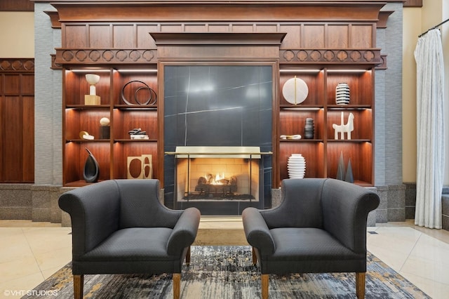 living area featuring tile patterned flooring