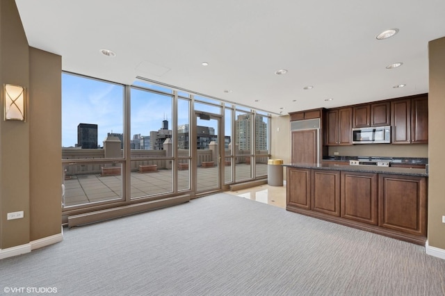 kitchen featuring floor to ceiling windows and light carpet