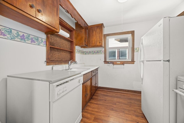 kitchen featuring dark hardwood / wood-style floors, sink, and white appliances