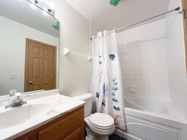 full bathroom featuring shower / tub combo, vanity, and toilet