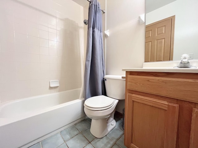 full bathroom featuring shower / tub combo with curtain, vanity, toilet, and tile patterned flooring