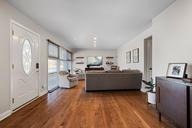 living room with dark hardwood / wood-style flooring