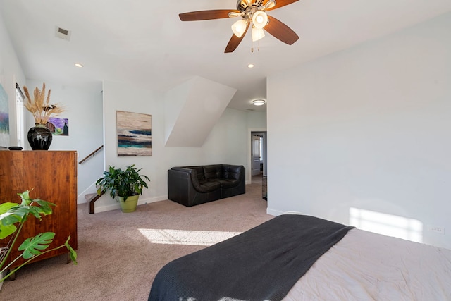 bedroom with light colored carpet and ceiling fan