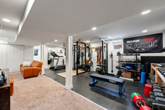 gym with ornate columns