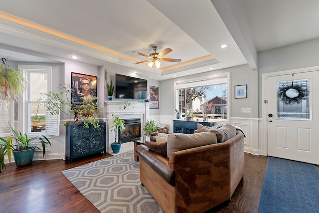 living room featuring a raised ceiling, dark hardwood / wood-style floors, and ceiling fan