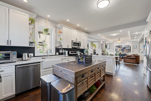 kitchen featuring appliances with stainless steel finishes, a center island, a wealth of natural light, and white cabinets