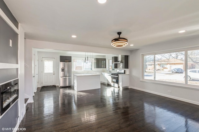 unfurnished living room with sink and dark wood-type flooring