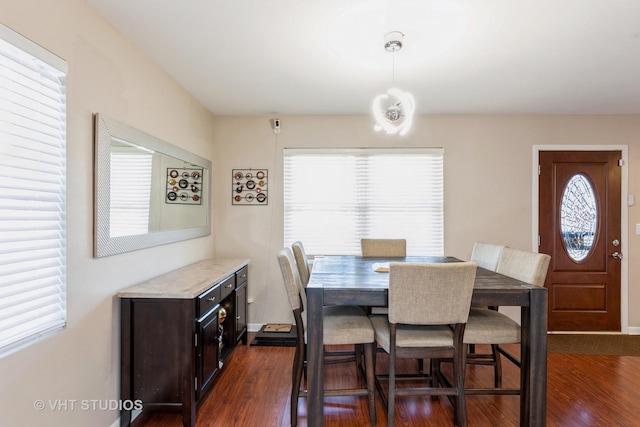 dining space featuring dark wood-type flooring