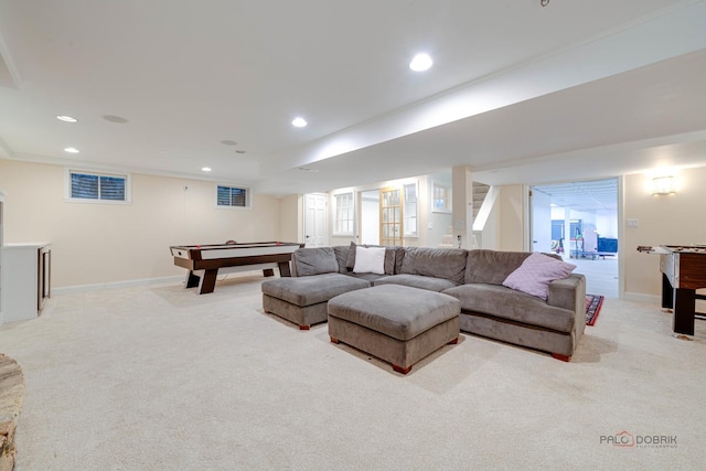 living room featuring light colored carpet and billiards