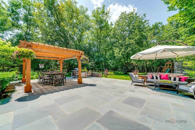 view of patio / terrace with an outdoor living space, a pergola, and a playground