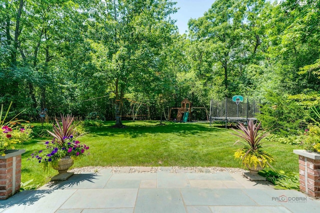 view of yard featuring a playground, a patio area, and a trampoline