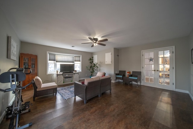 living room featuring french doors, ceiling fan, and dark hardwood / wood-style flooring