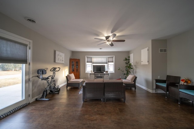 living room featuring ceiling fan