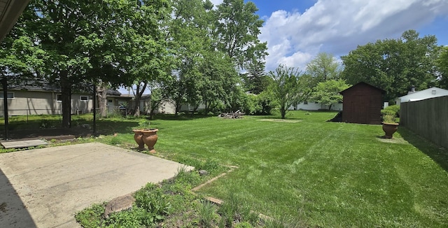 view of yard featuring a storage shed and a patio area