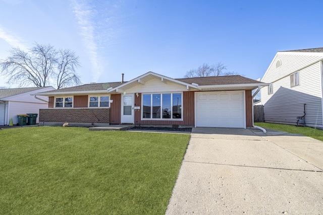 ranch-style house with a garage and a front yard