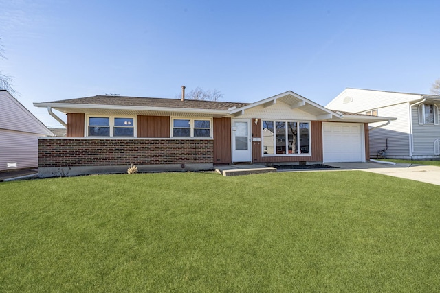 ranch-style home with a garage and a front yard