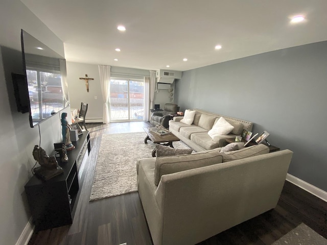 living room with dark hardwood / wood-style flooring